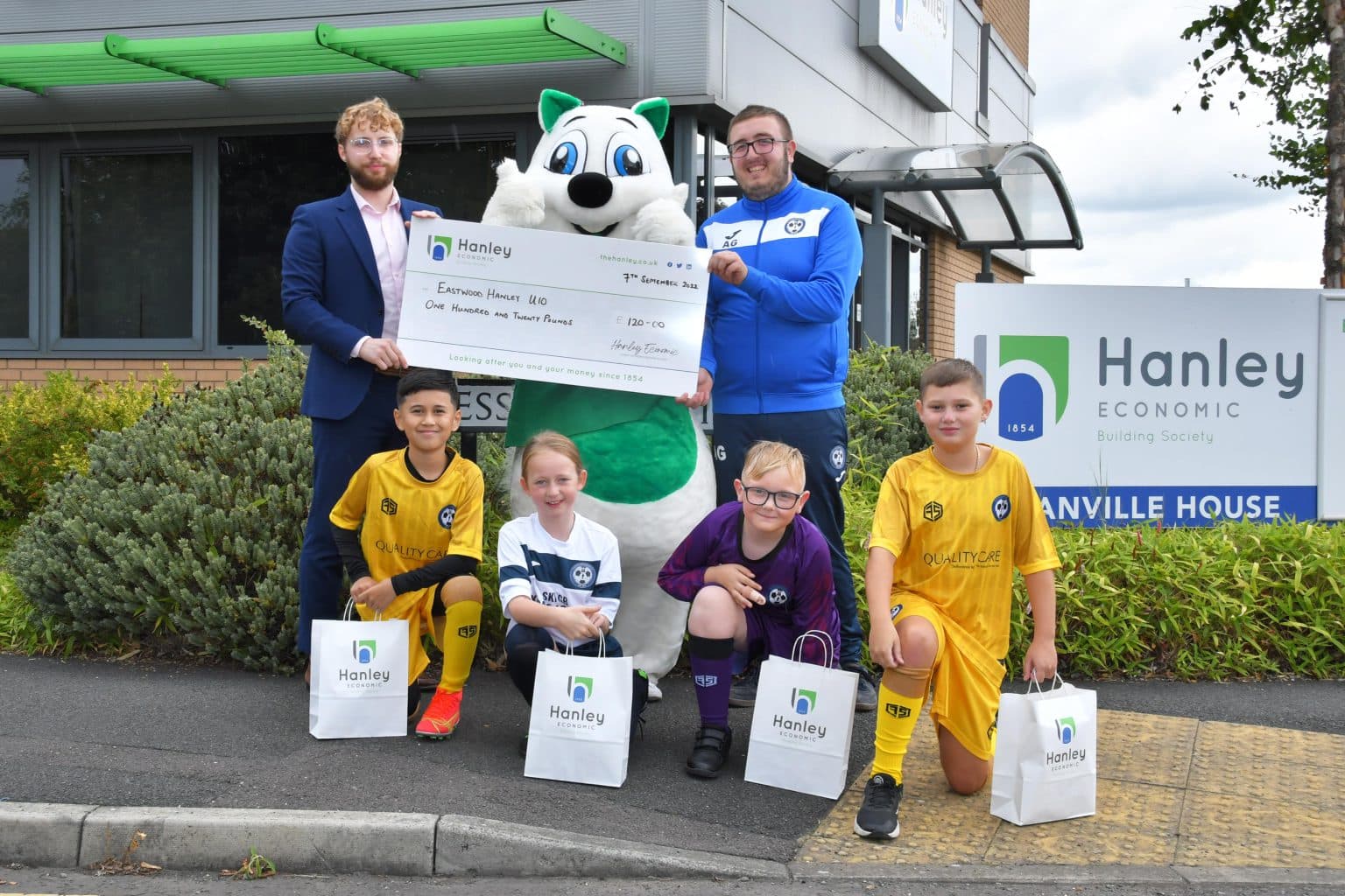 Image of cheque presentation to local junior football team