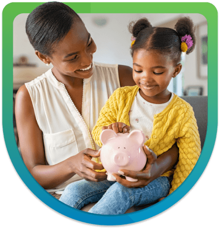 Woman and child with piggy bank